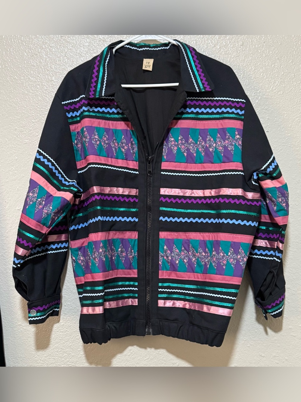 Vtg. Handmade 90s Artsy Geometric Ribbon Black Full Zip Canvas Bomber Jacket